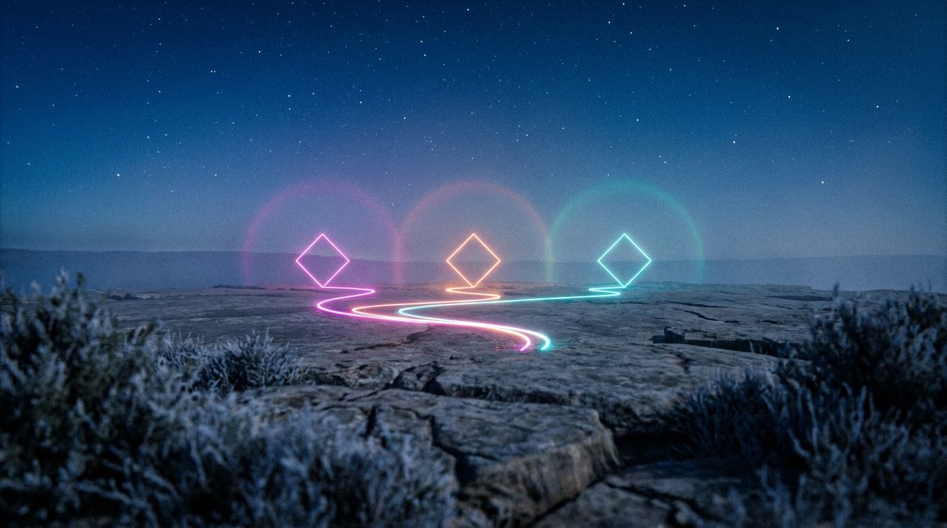 A glowing route on a starlit plateau connects three diamond waypoints like a small constellation, like post-holiday leads finding a pattern.