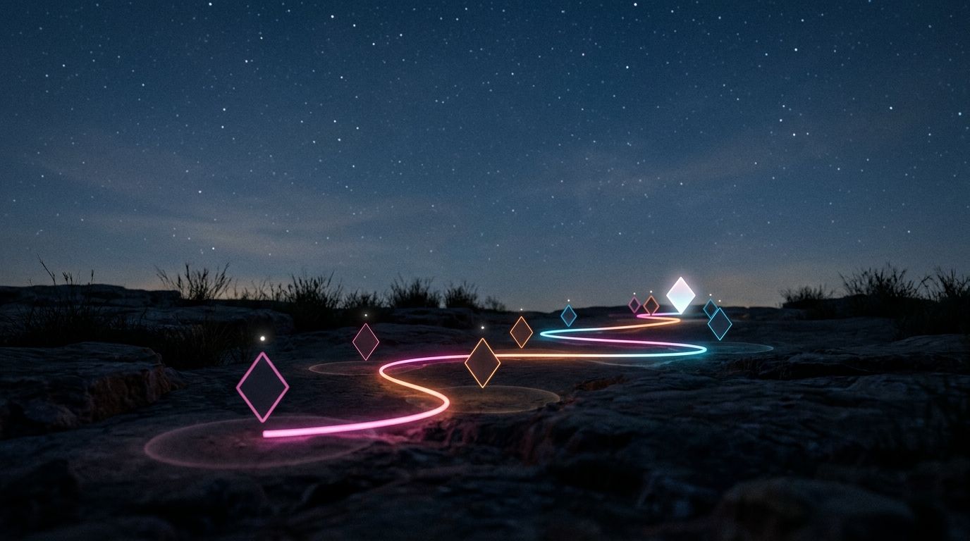 Starry plateau at night, dim ground waypoints echoing stars overhead, gathering into one bright marker, like scattered reviews becoming one.