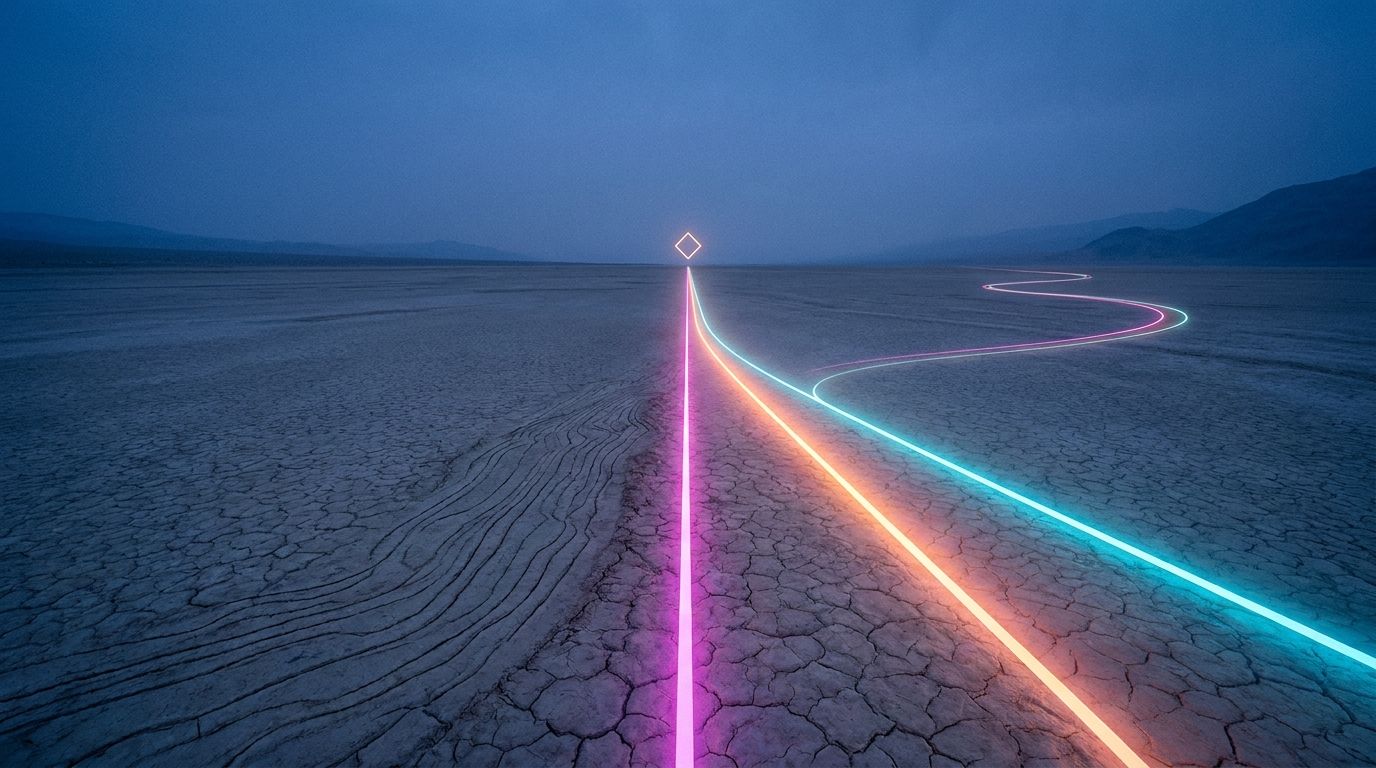 A straight bright route beats a dimmer winding one across a cracked lakebed to the same diamond marker, like a fast site outpacing a slow one.