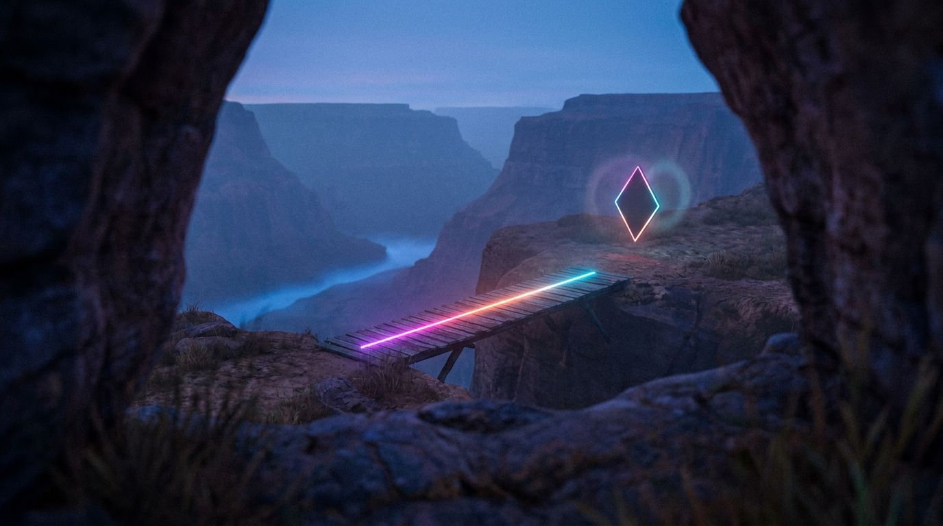 A glowing route crosses a narrow footbridge through a wide empty canyon to one diamond waypoint, like whitespace making a page easier to read.