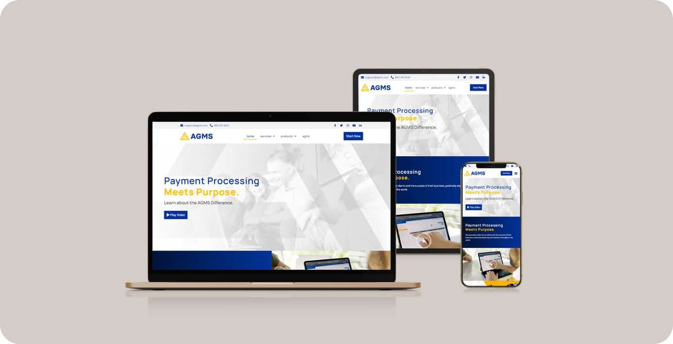 AGMS payment-processing website on laptop, tablet, and phone with the headline Payment processing meets purpose