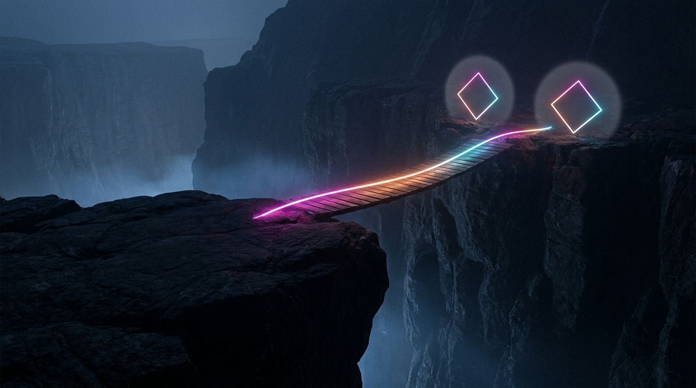 A glowing route crosses a footbridge over a misty canyon to two diamond waypoints on the far rim, like nonprofit sites nailing mission and design.