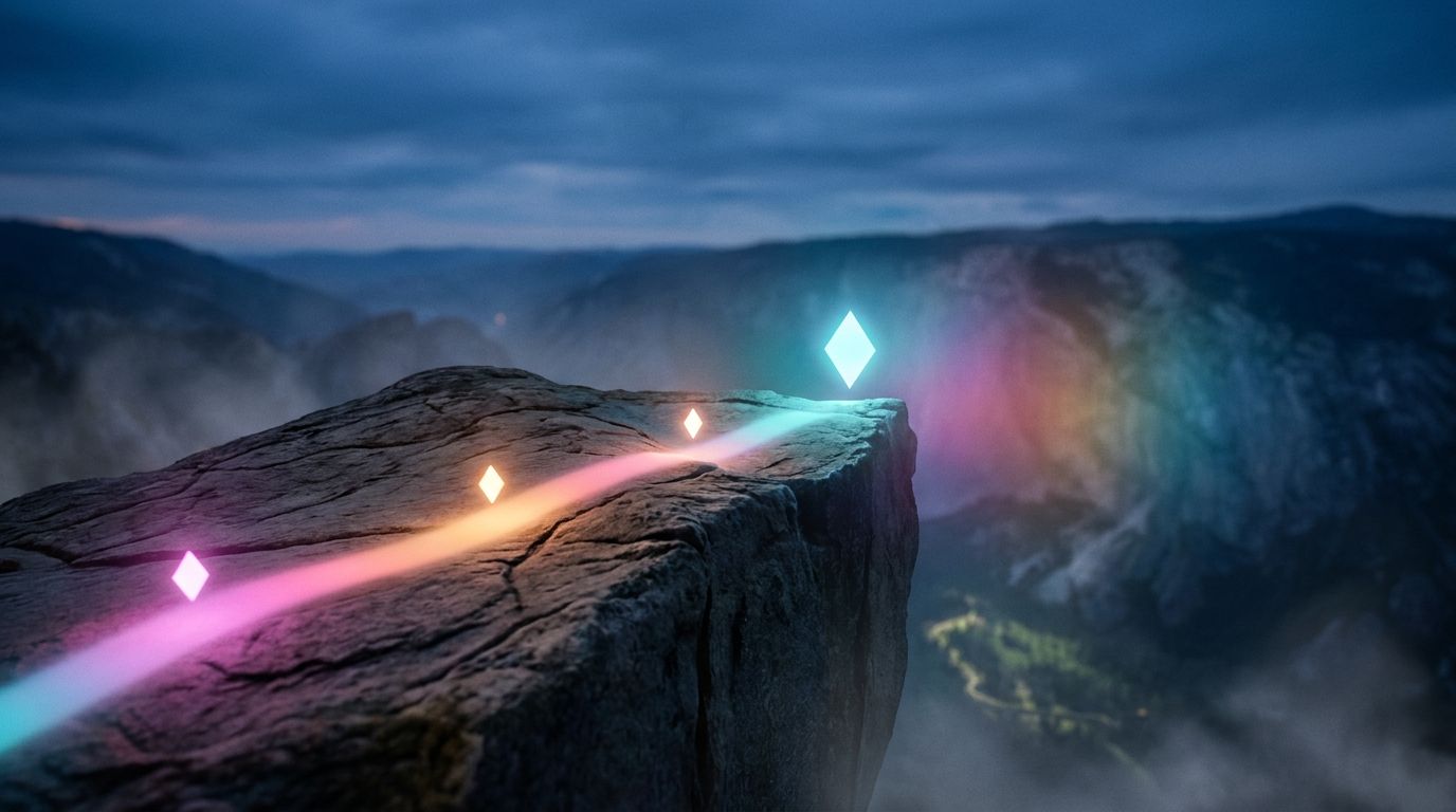 A glowing route crosses a stone shelf to a diamond marker at a cliff edge above a faintly lit valley, like content reaching new audiences.