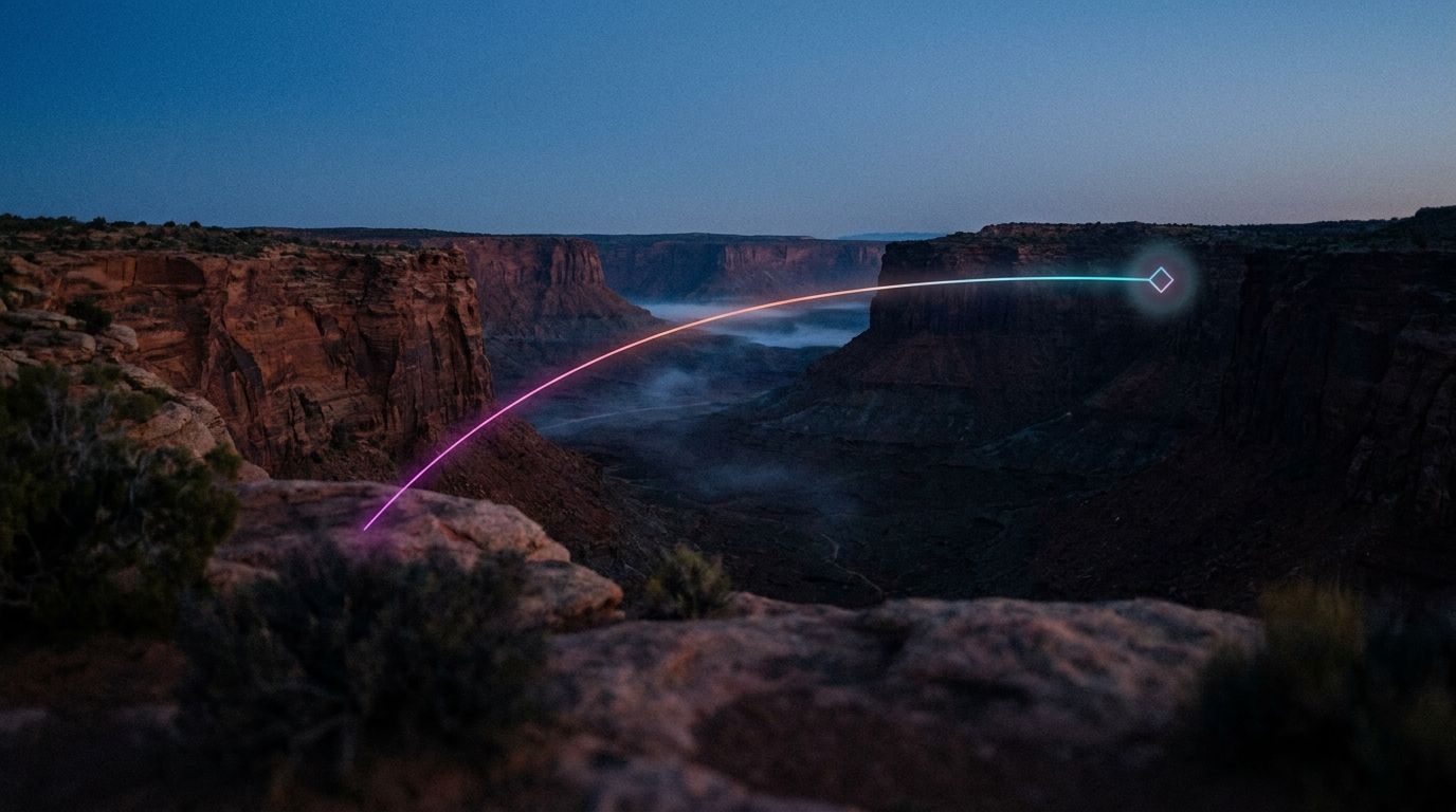 Canyon bridge of light blending color toward two waypoints on the far rim, like a content strategy shaped around customer response.
