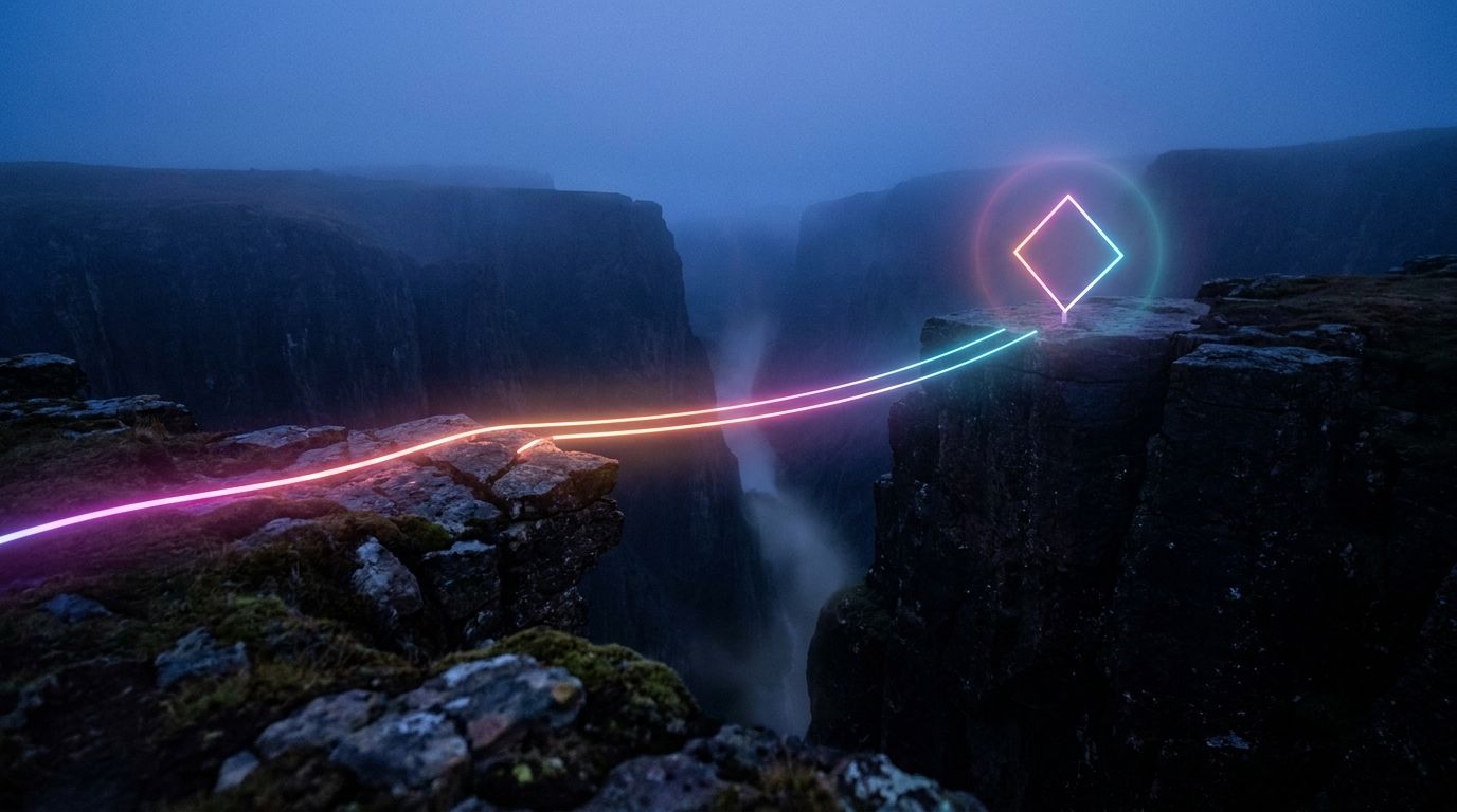 A glowing route arcs across a footbridge over a black canyon gap to one diamond waypoint on the far rim, like a well designed custom 404 page.