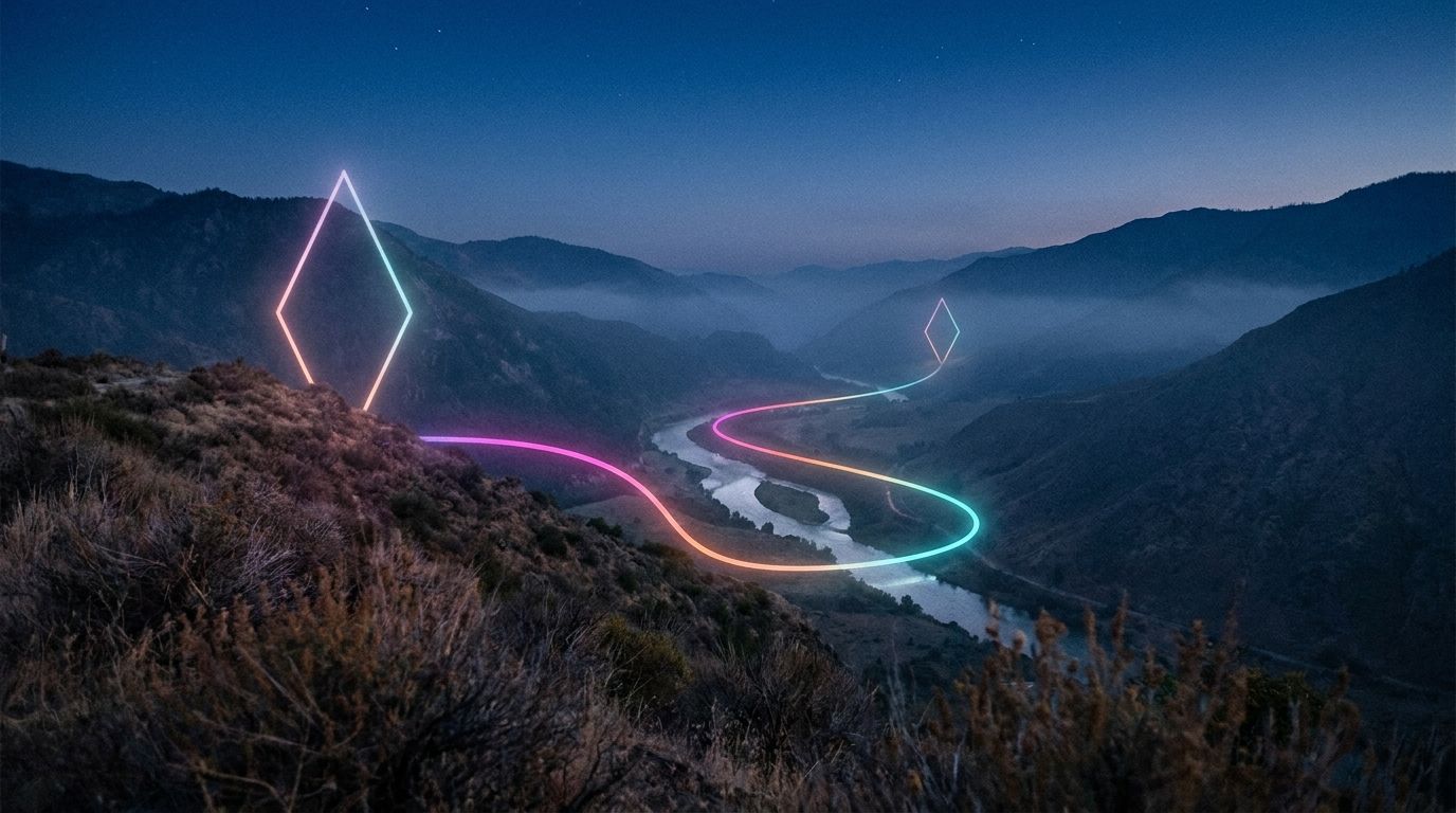 A glowing route follows a foggy river's bends past two diamond waypoints through a dark valley, like outsourcing social media to a trusted partner.