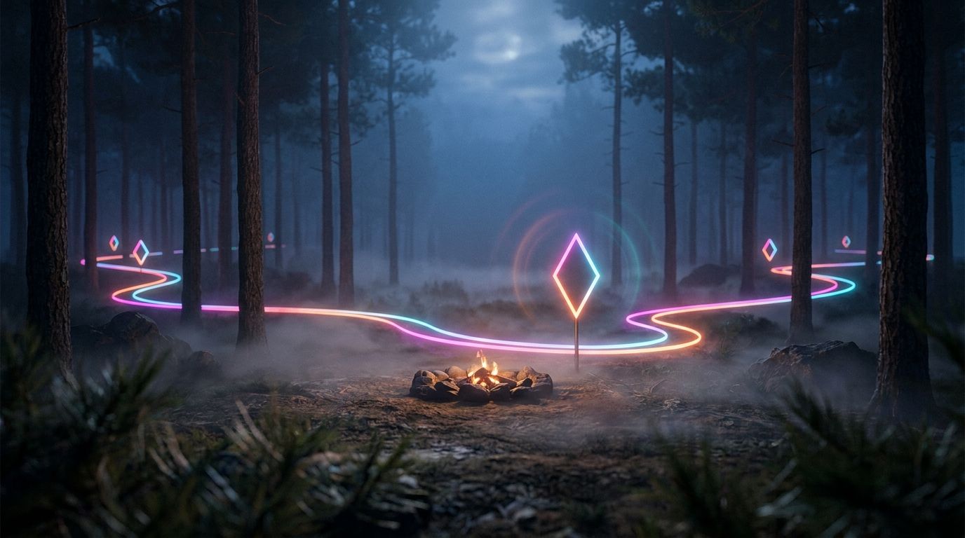 Two glowing paths through foggy pines meet at a diamond waypoint beside an ember lit campfire, like scattered donors gathering for one event.
