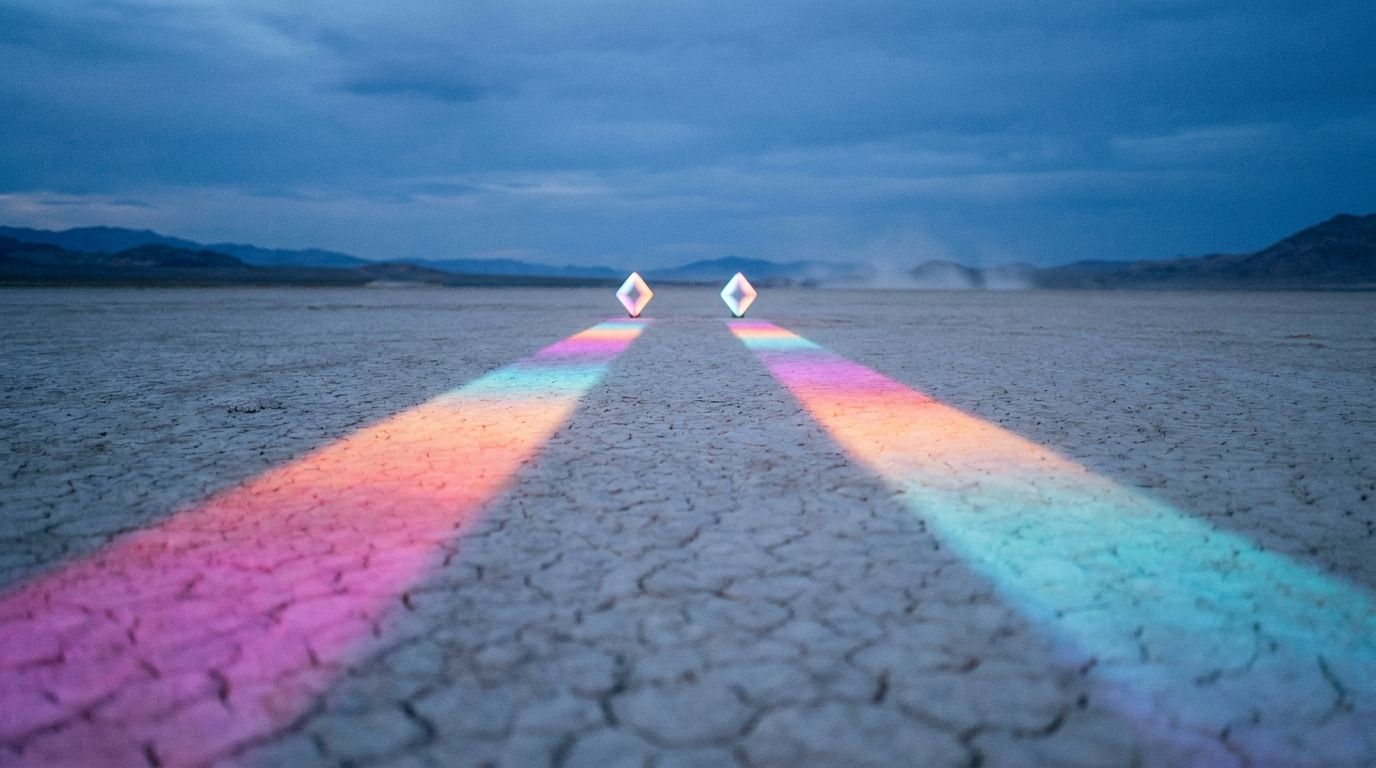 Dry lakebed at blue hour with two parallel routes, one brighter than the other, each ending at its own waypoint, like an A/B test in progress.