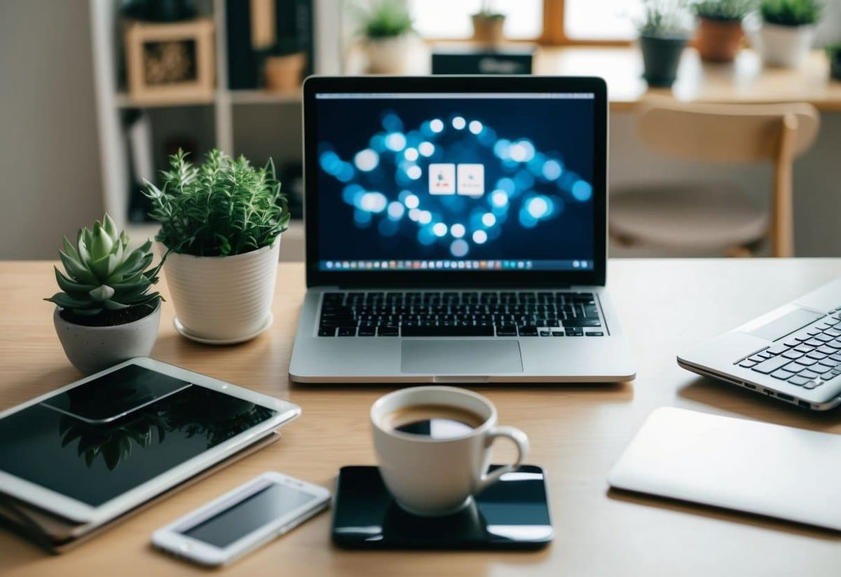 An open laptop on a cluttered desk with a cup of coffee and a potted plant