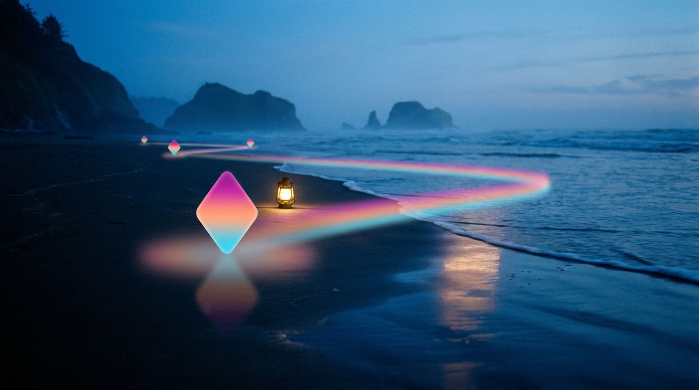 A route opens at its brightest marker on wet mirror-sheen sand before dimming down the shore, like a welcome series making one first impression.