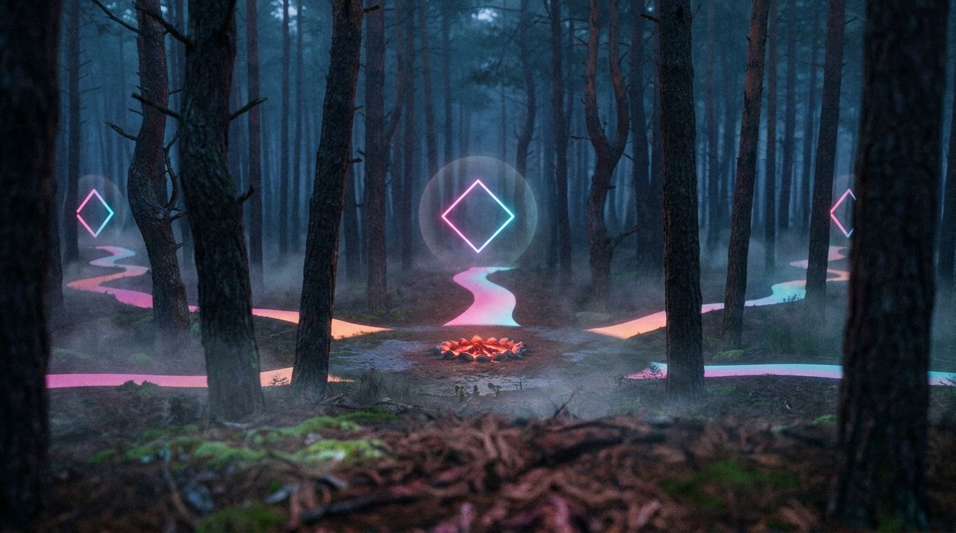 Foggy pine forest with narrow paths merging into one bright route toward a clearing waypoint, like a website welcoming every visitor.
