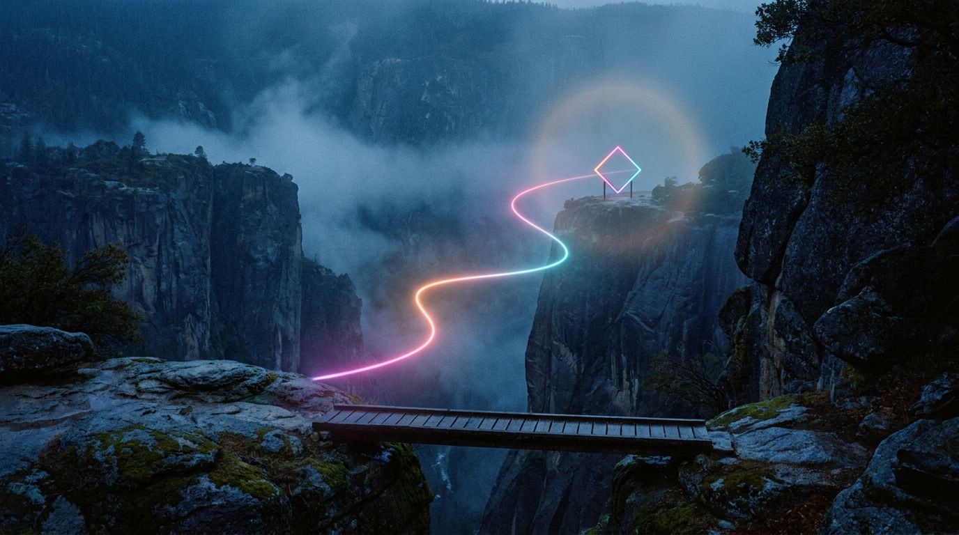 Misty black canyon at night with a glowing bridge of light reaching a far waypoint, like a conversational message crossing easily.