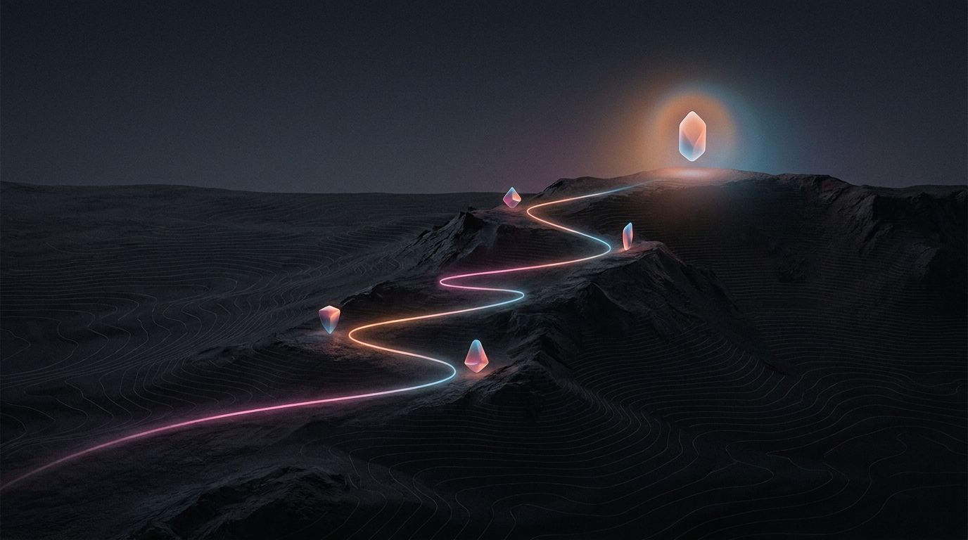 A switchbacking route climbs past waypoints to one brighter haloed marker above the ridge, magenta to cyan, like a nonprofit gaining more visits