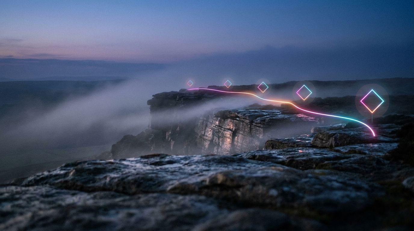 Foggy cliff-top shelf at dusk where a glowing route softens behind drifting mist before an edge waypoint, like privacy-safe analytics.