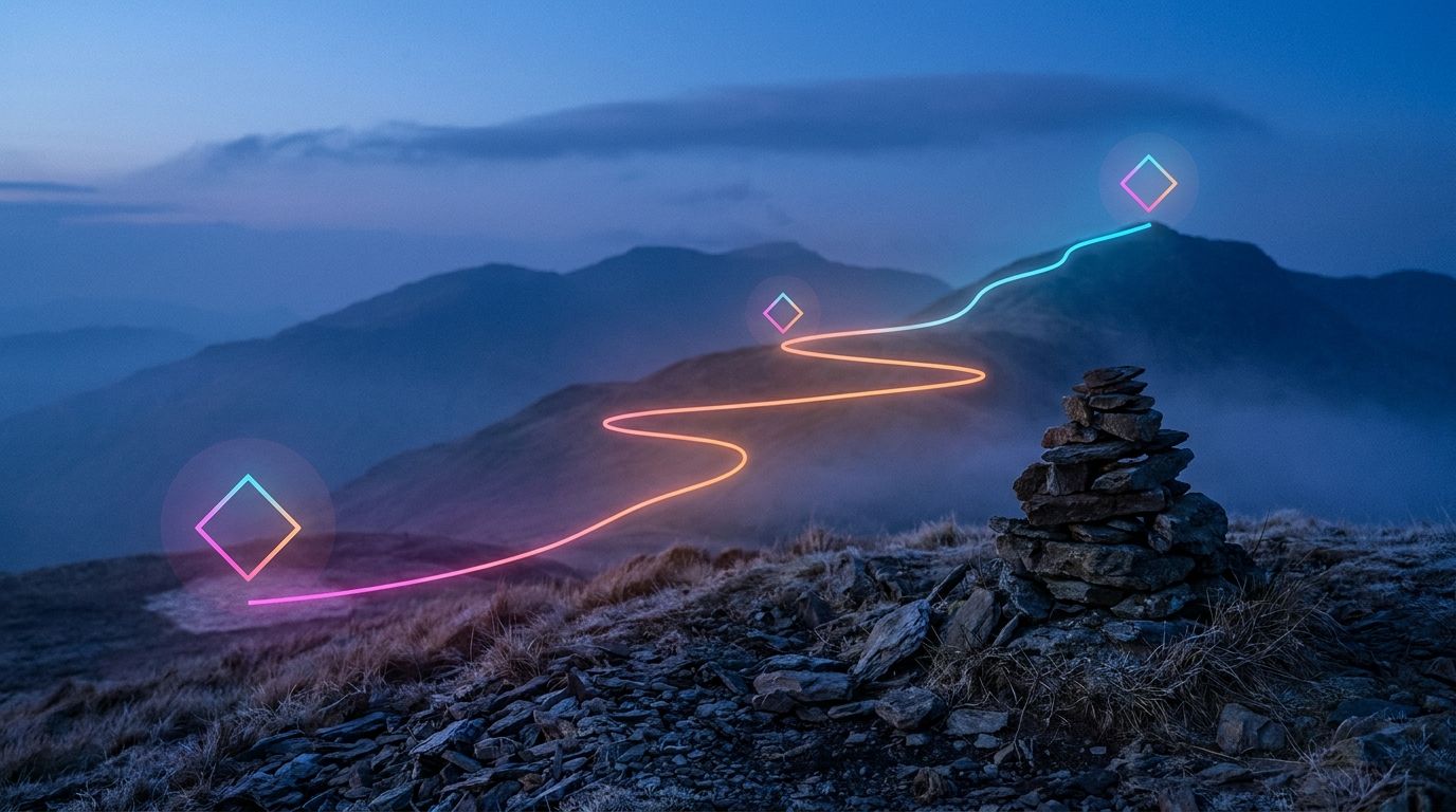 A glowing route climbs switchback ridgelines past two diamond waypoints to a misty summit at blue hour, like small business website costs.