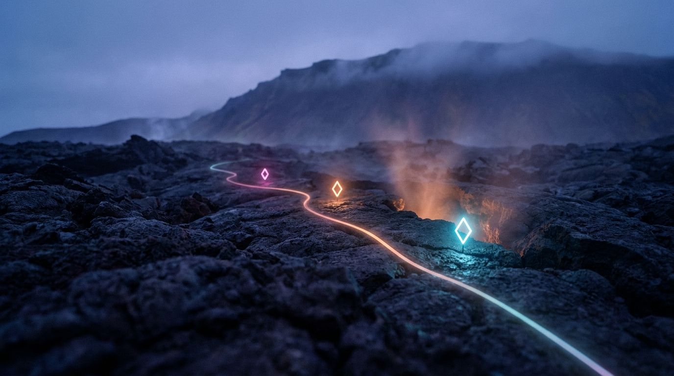 A glowing route crosses volcanic rock past three brightening diamond waypoints to a steaming vent, like KPIs marking real nonprofit progress.