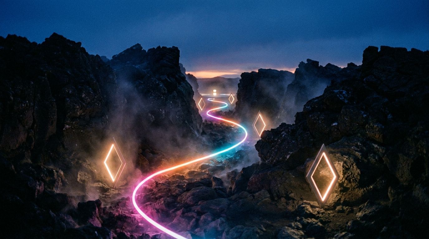Lava field chute between jagged ridges where a glowing route funnels through to a far waypoint, like visitors funneling through a form.