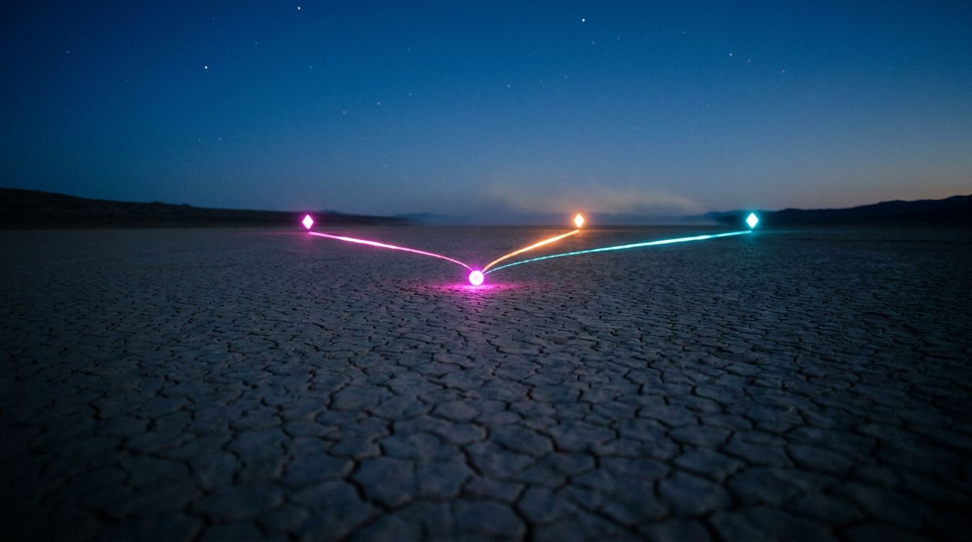 Dry lakebed at night where one origin waypoint splits into three glowing routes and markers, like one idea becoming several digital products.