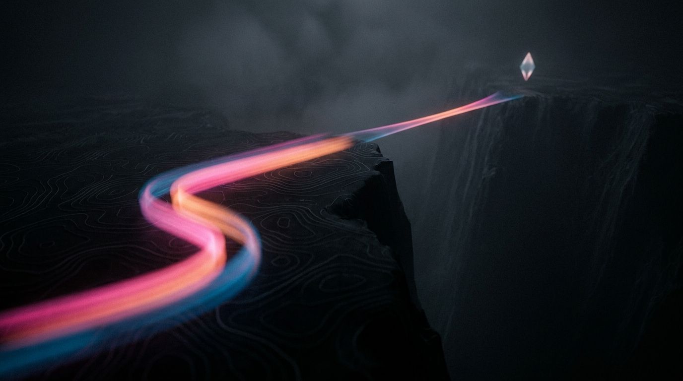 A route stops at a dark chasm and a thin bridge of light carries it to one diamond marker on the far side, like properly redirecting a broken page