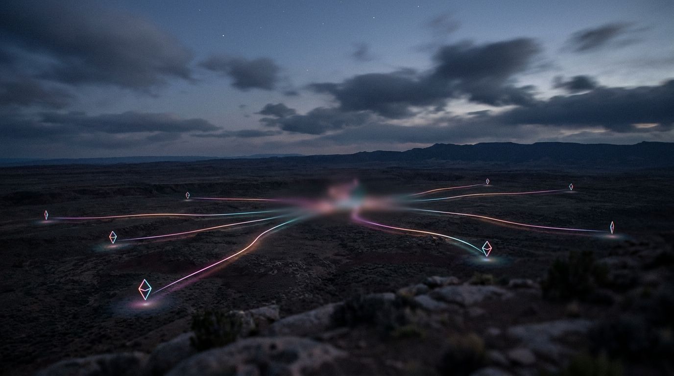 Cloud-streaked plateau at night with many faint routes converging into one blurred point of light, like a design shaped by too many hands.