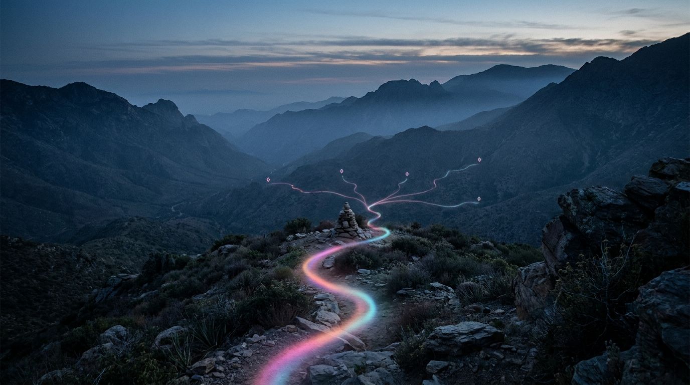 A glowing ridge trail branches past a stone cairn into several small diamond markers on the slope, like content reaching many individual donors.