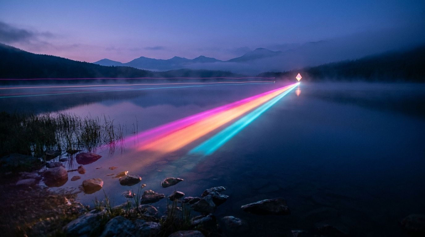 One wide, bright glowing route crosses a still lake to a diamond marker, outshining thin shoreline lines, like video outshining other formats.