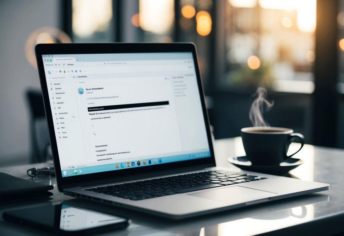 A laptop open on a clutter-free desk, with a cup of coffee beside it. The screen shows a simple email draft with a clear subject line and concise body