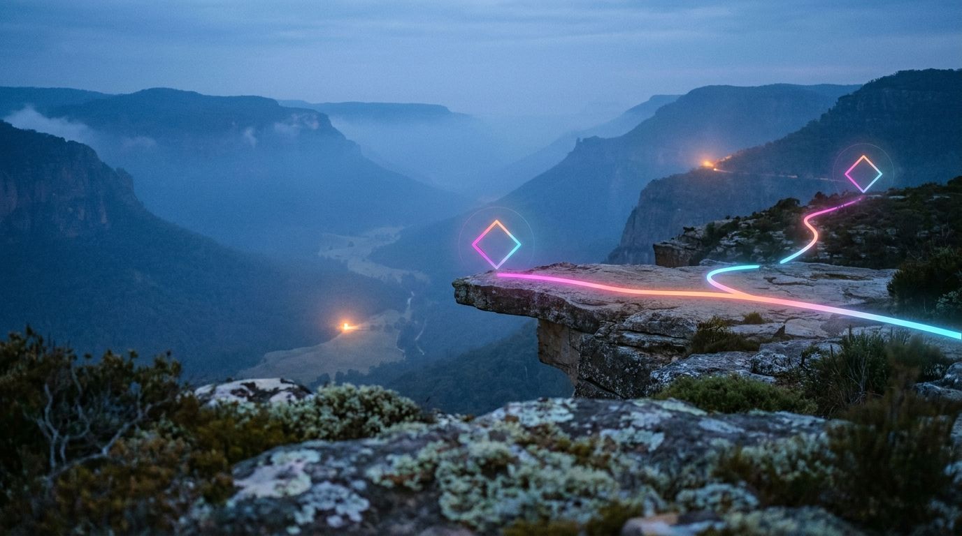 A glowing route forks at a cliff edge to two diamond waypoints overlooking two hazy valley glows, like finding a second income stream.