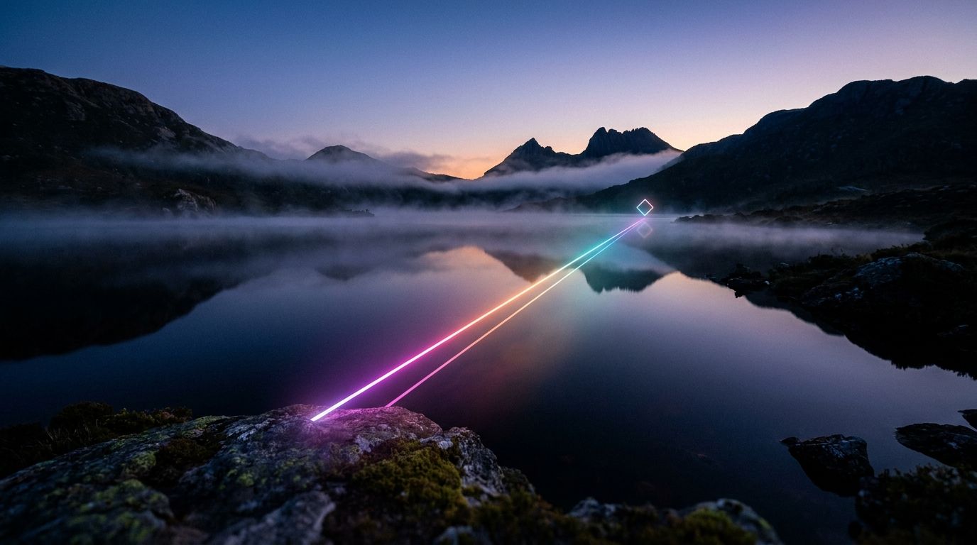 A glowing route crosses a misty alpine lake, brightening through each band of fog to one diamond marker, like design innovation building in stages.