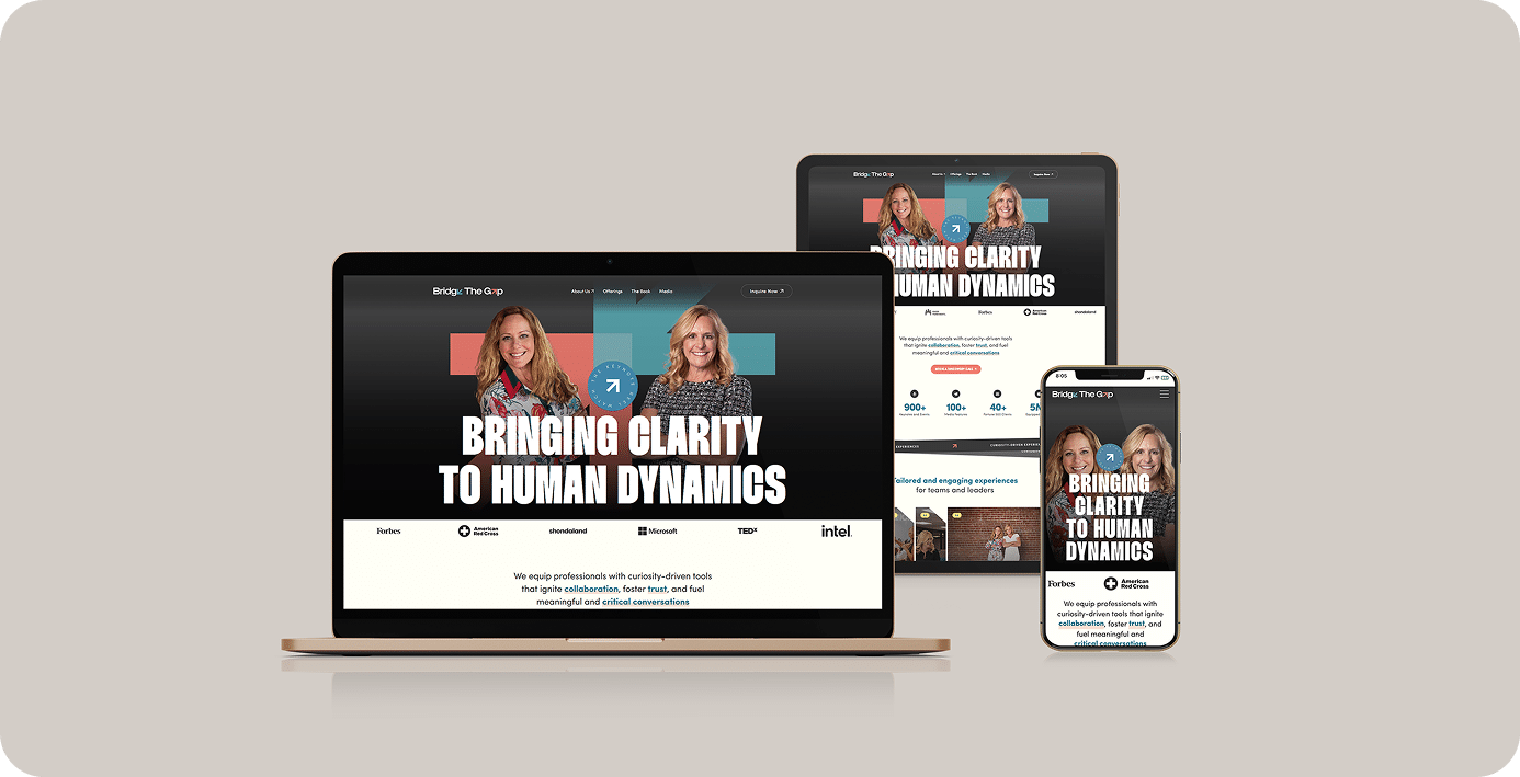 Bridge The Gap website on laptop, tablet, and phone with the headline Bringing clarity to human dynamics