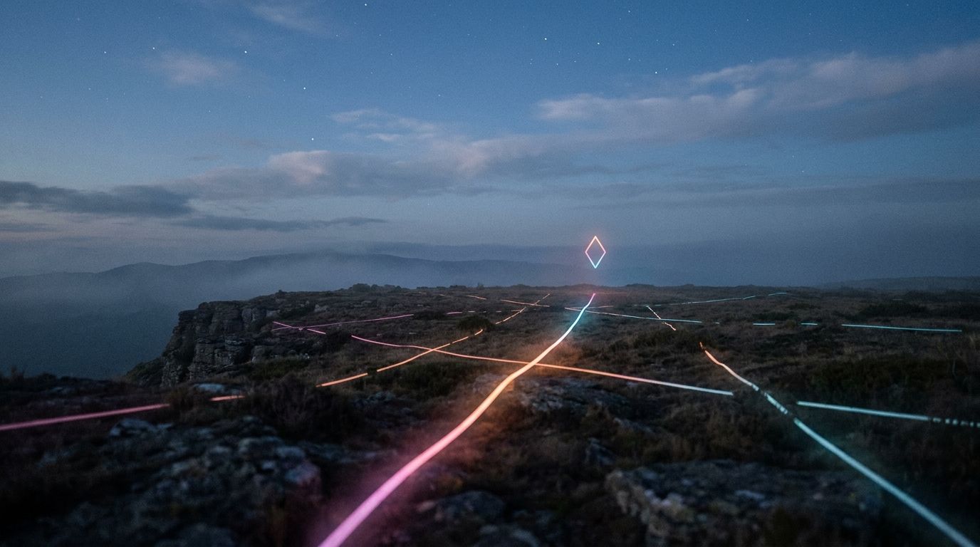 One glowing route crosses a dark plateau to a diamond marker while fainter routes fade out early, like a SMART goal finished, not abandoned.