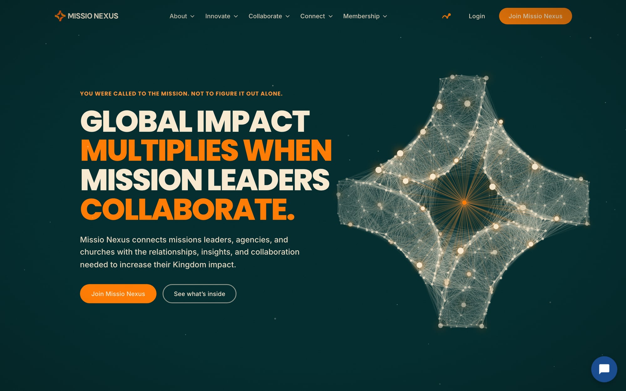 Homepage of the Missio Nexus website, with the brand mark drawn as a mesh of connected points