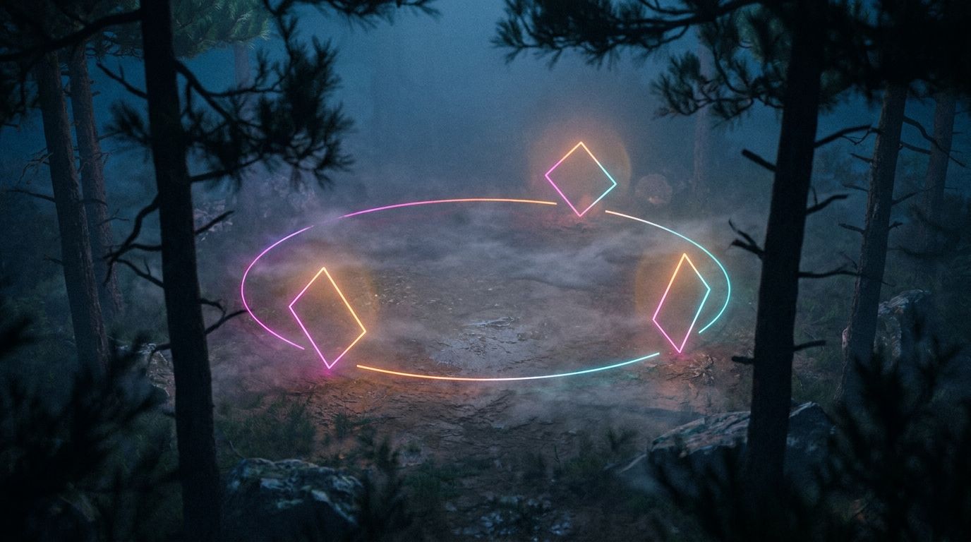 Misty forest clearing at night with a looping route touching three evenly spaced waypoints, like a content calendar's steady rhythm.