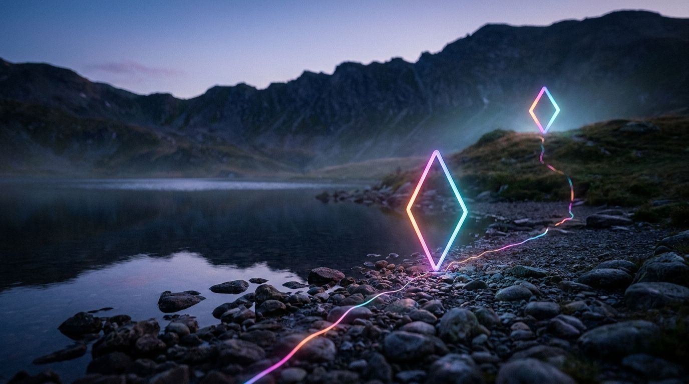 A glowing shoreline route passes one waypoint to reach a brighter diamond waypoint above an alpine lake, like a VIP program rewarding top customers.