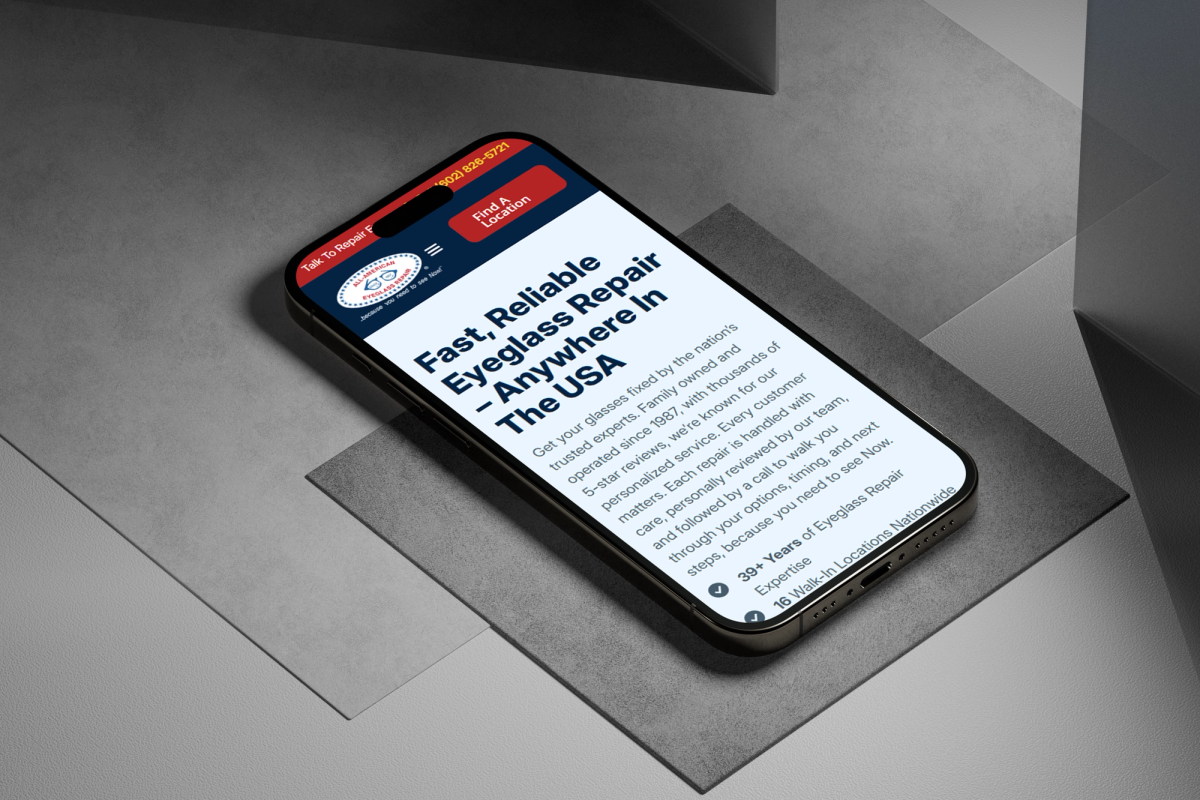 All American Eyeglass Repair mobile site screens