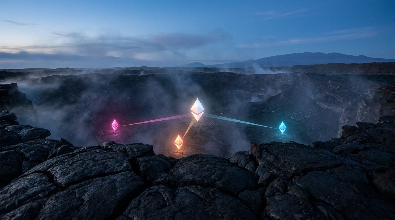 Volcanic basin at night with three small waypoints linked to one bright central marker by steam vents, like common questions in one place.