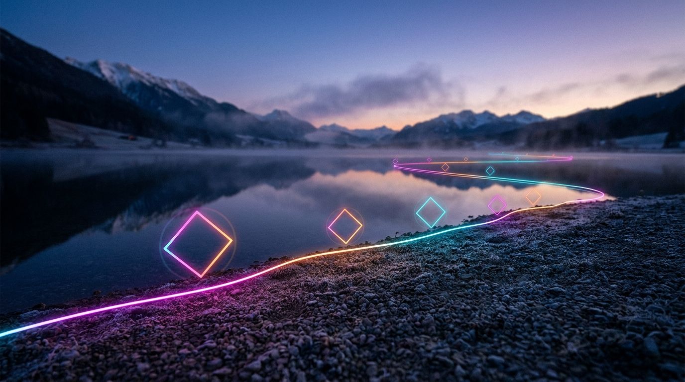 Still alpine lake at blue hour with a clean glowing route reflected on the water leading to a far shore waypoint, like a clear way to reach out.