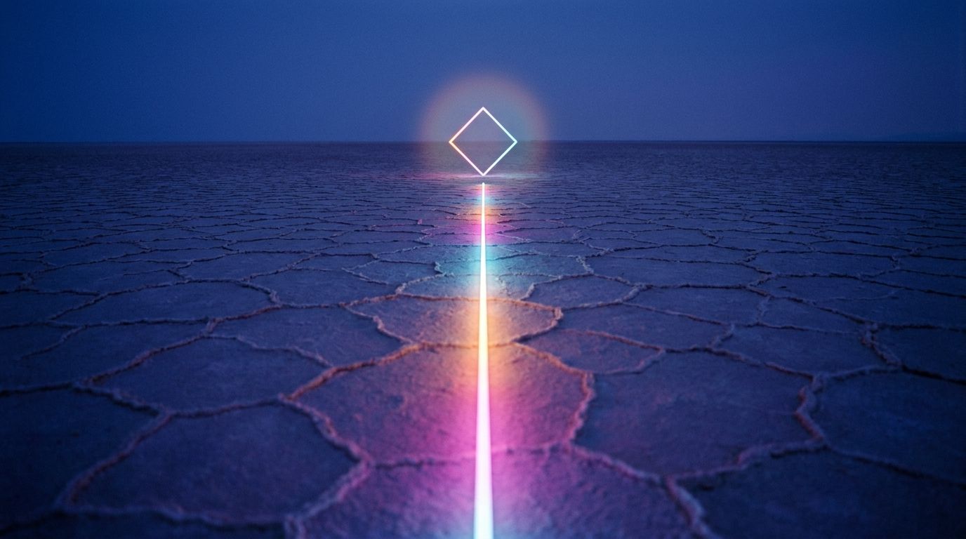 A single glowing route runs straight across a cracked salt flat to one diamond waypoint on the horizon, like narrowing logo options to the right mark.