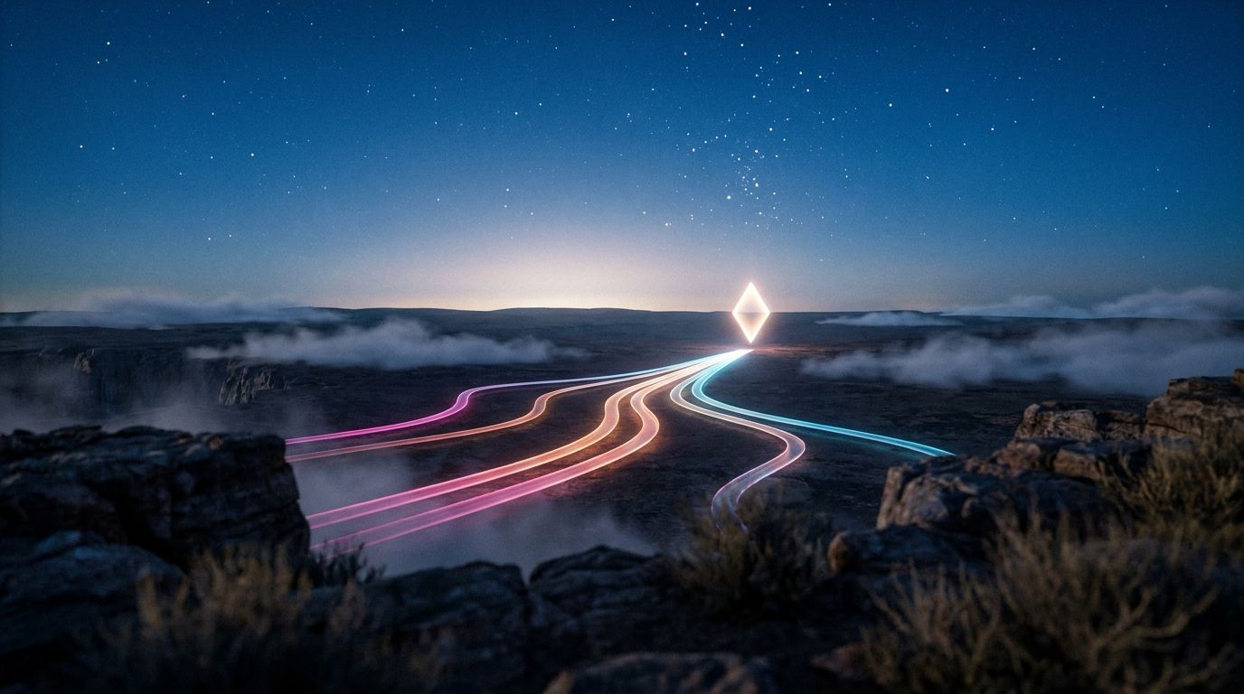 Thin glowing routes across a dark plateau thicken into one wide path to a horizon marker under a star cluster, like fundraising channels adding up.