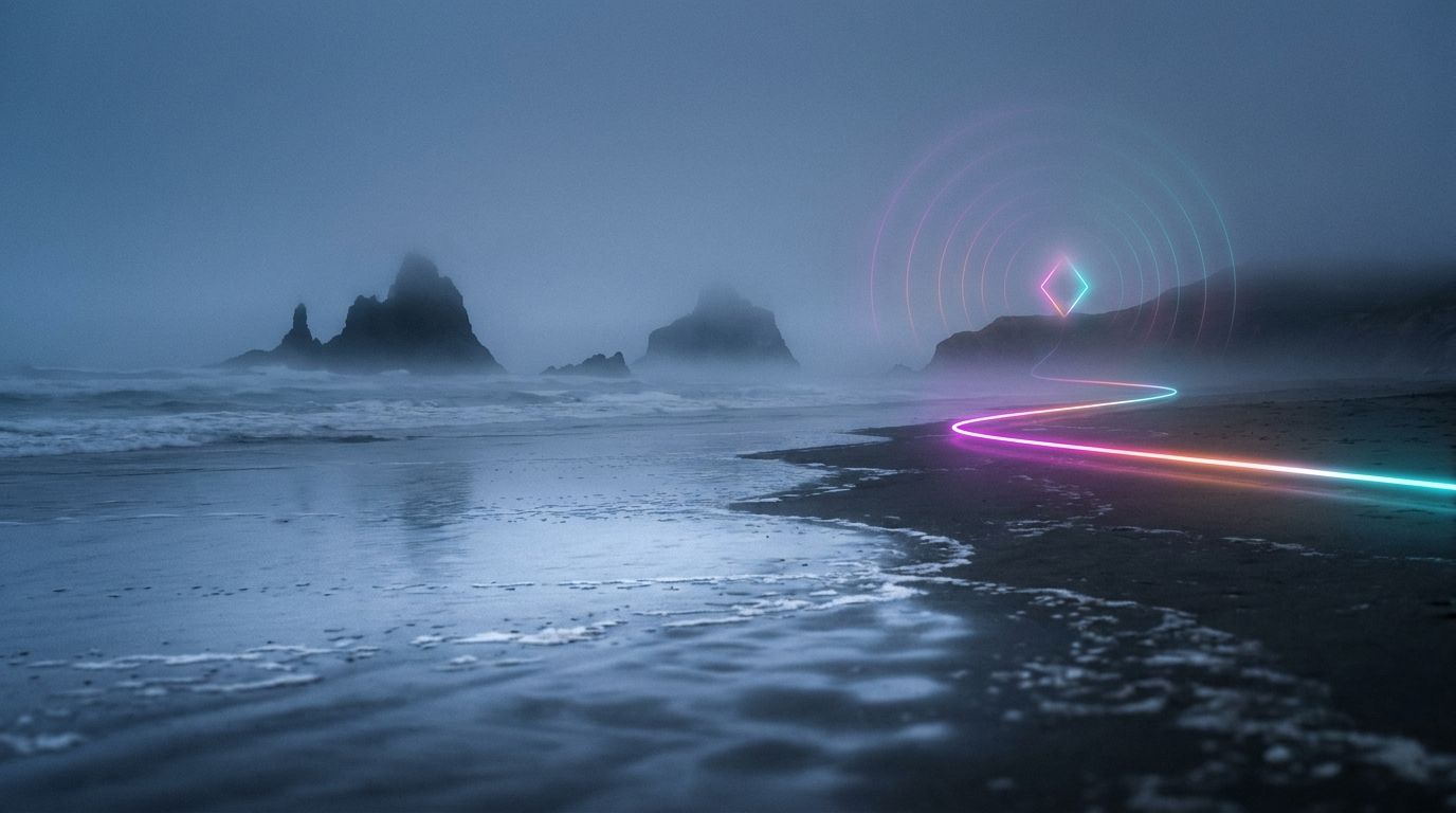 Foggy night coastline with a route to a headland waypoint sending expanding rings of light, like a business growing more visible online.
