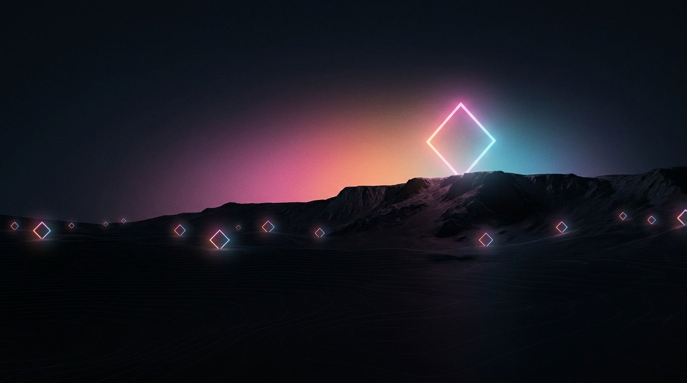 One marker on a high ridge glows brighter than the others with a wider halo in the dark, magenta and cyan, like recognition rising above the rest