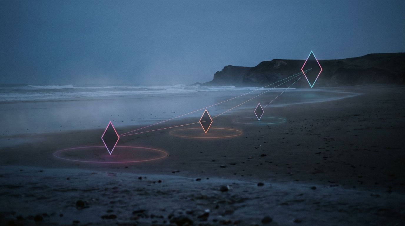 Misty beach arc with three waypoints feeding light toward one central headland marker, like separate qualities building brand reputation.