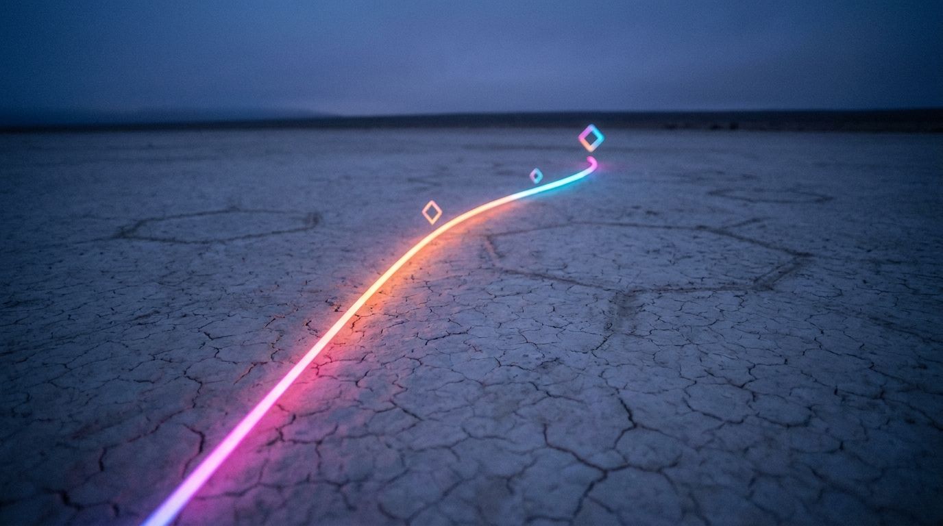 A straight glowing route crosses a cracked dry lakebed past two diamond waypoints to the horizon, like email reaching customers directly.