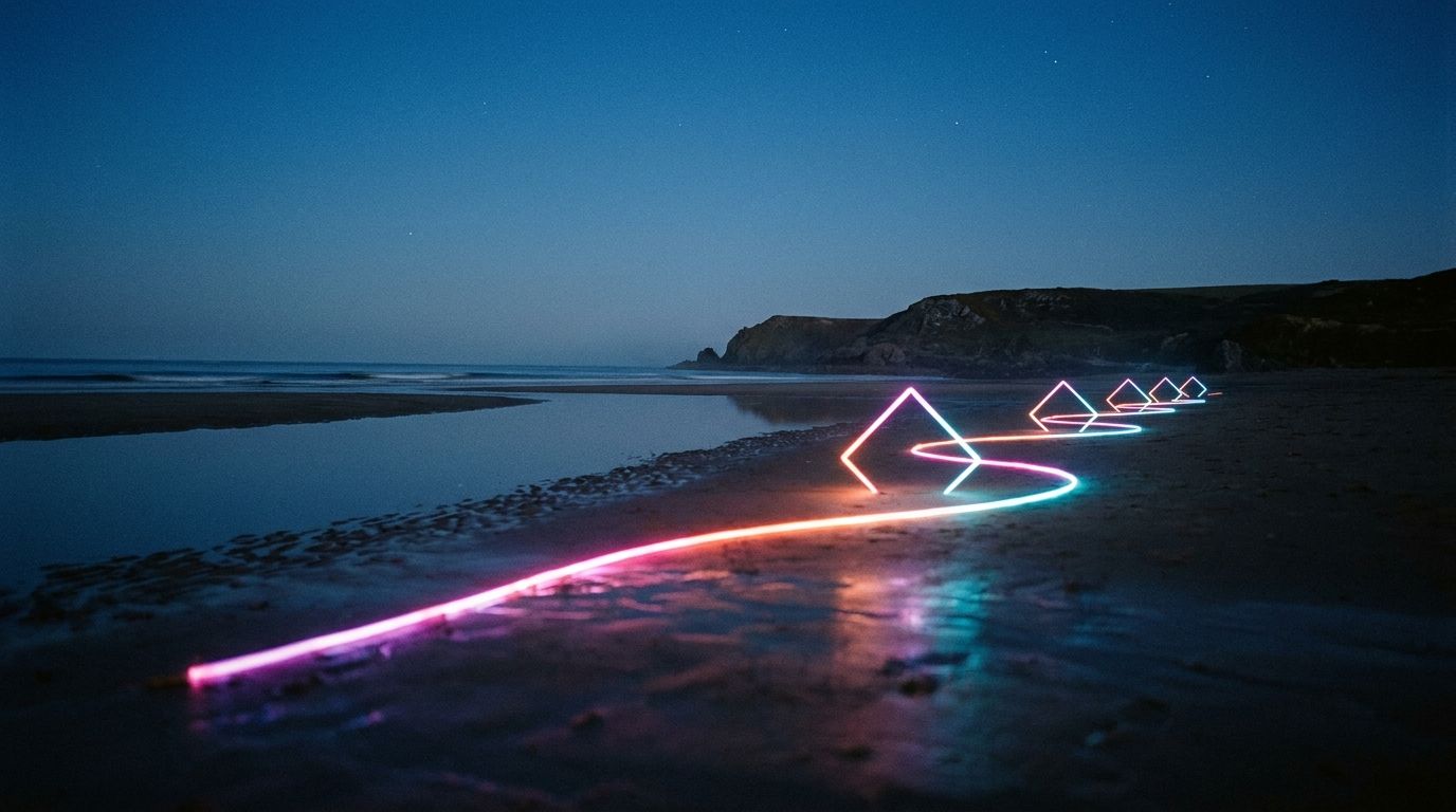 Calm dark shoreline at night with distant waypoints igniting only as a glowing route approaches, like images loading as a visitor scrolls.