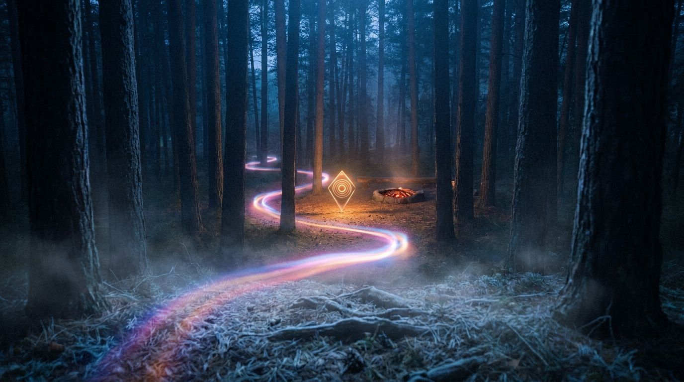 Pine trunks and low fog frame one warmly lit clearing with a glowing diamond marker and ember ring, like a local brand recognized in its neighborhood.