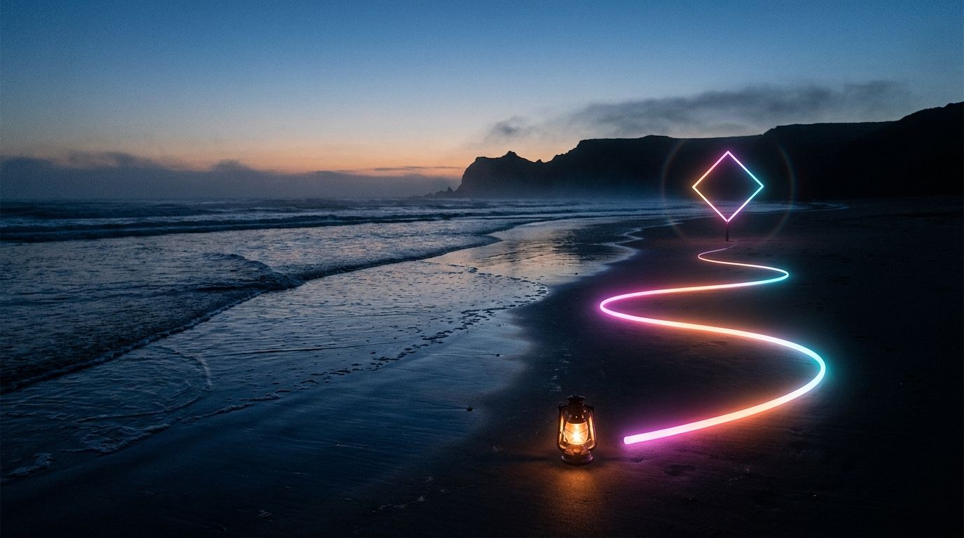 A lantern glow lights the start of a glowing shoreline route to one diamond waypoint on a headland, like a website About page opening the story.