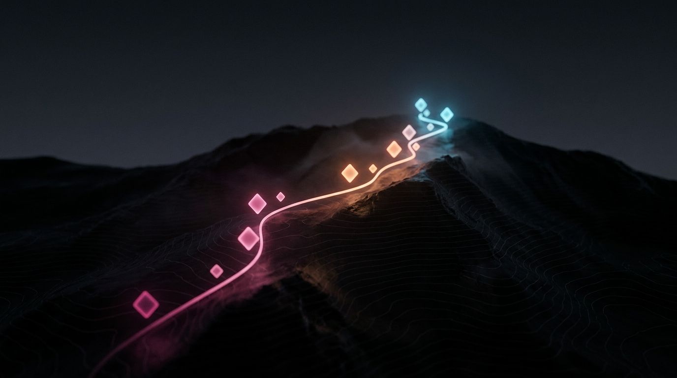 A route climbs through a sequence of variously sized diamond waypoints glowing in turn, like a short video answering questions one at a time