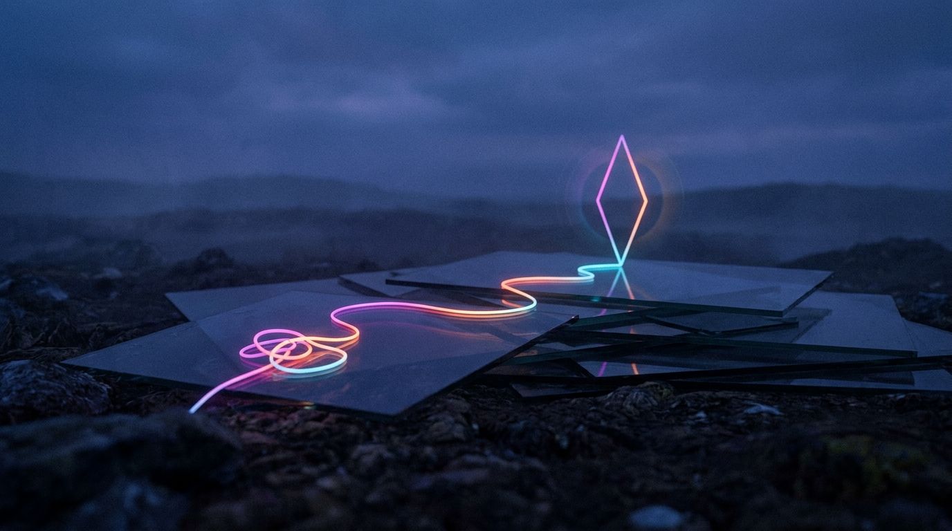 Layered smoked glass slabs at night where a tangled knot resolves into one clean route to a waypoint, like a menu simplified for visitors.