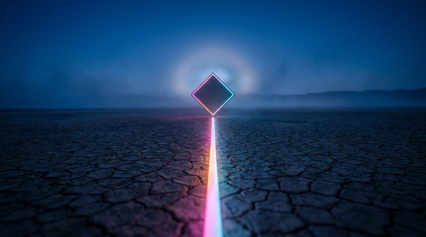 A single glowing route crosses a cracked dry lakebed to one diamond waypoint near the horizon at night, like a disciplined website recovery plan.