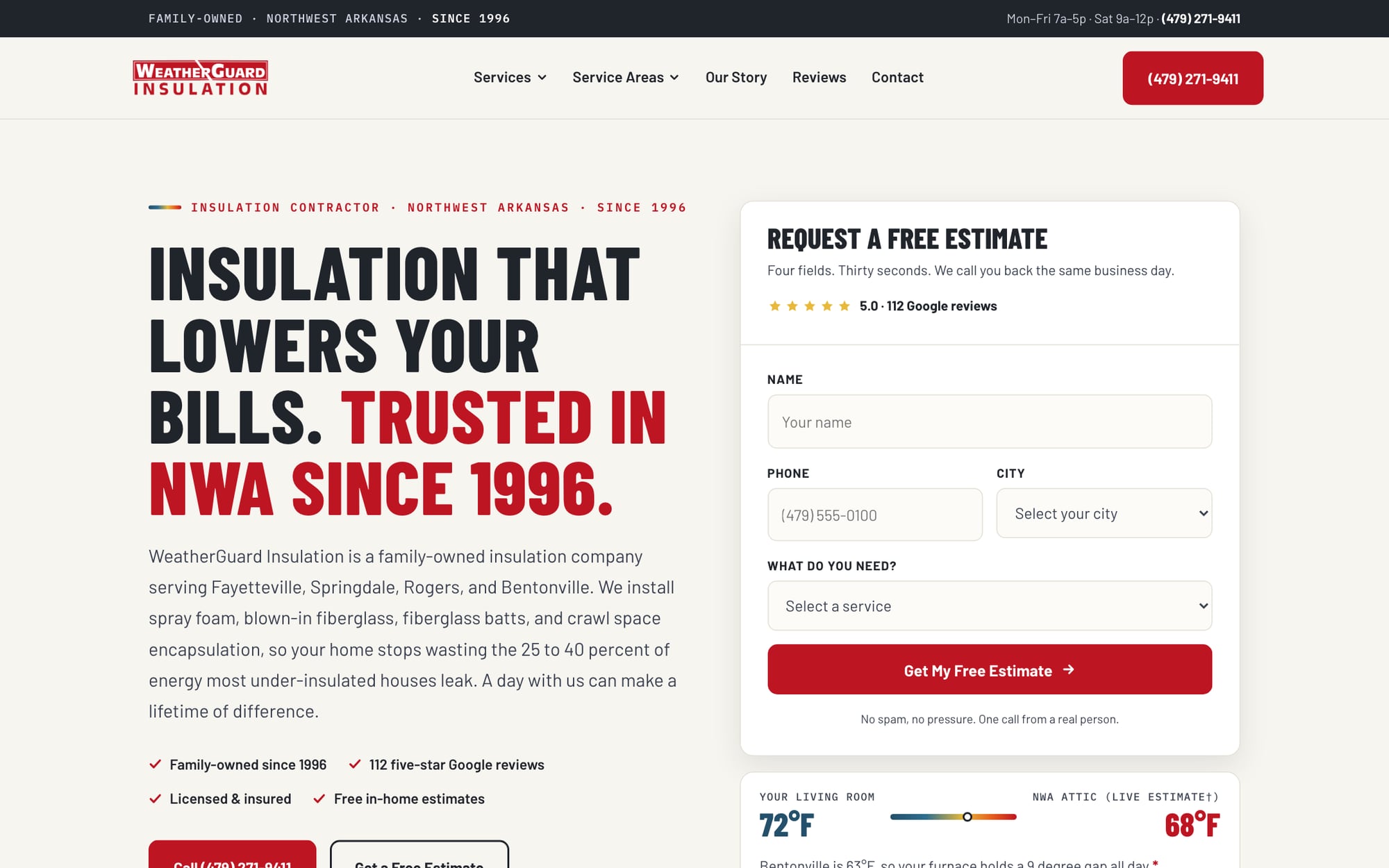 Homepage of the Weatherguard NWA website, with the free estimate form beside the headline